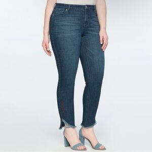 Eloquii “One of a Kind” Embroidered Raw Hem High Rise Ankle Stretch Jeans